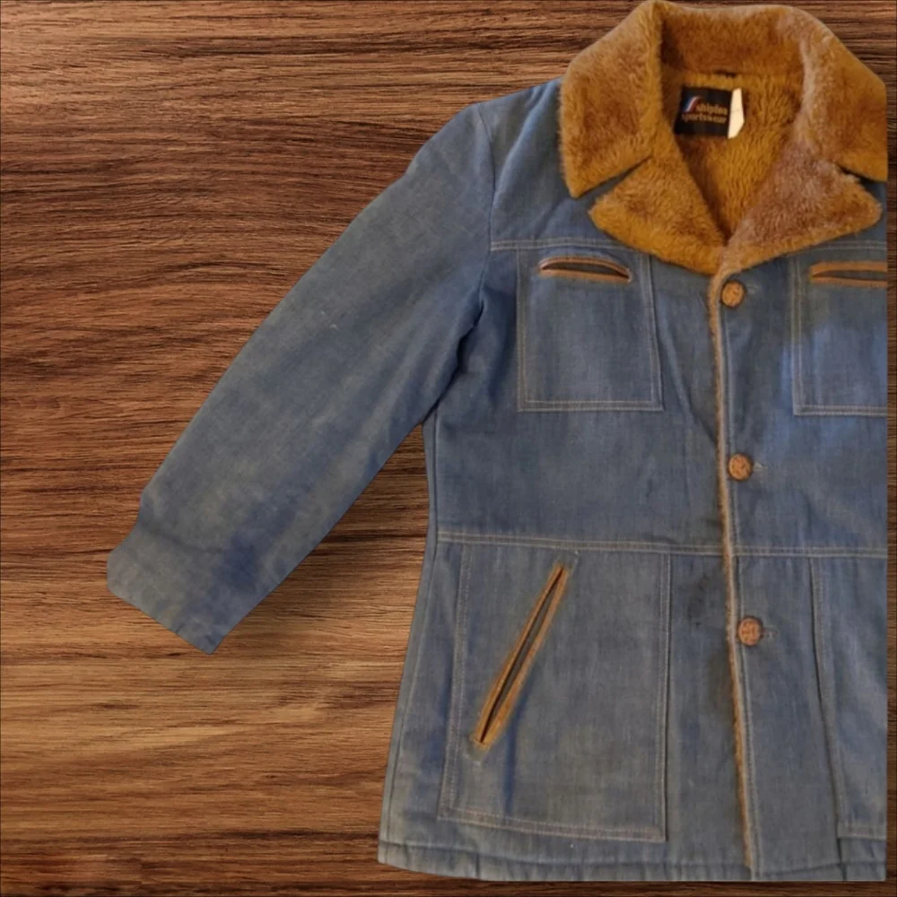 70's Vintage Denim Barn Coat by Shipton Sportswear Faux Fur Lined